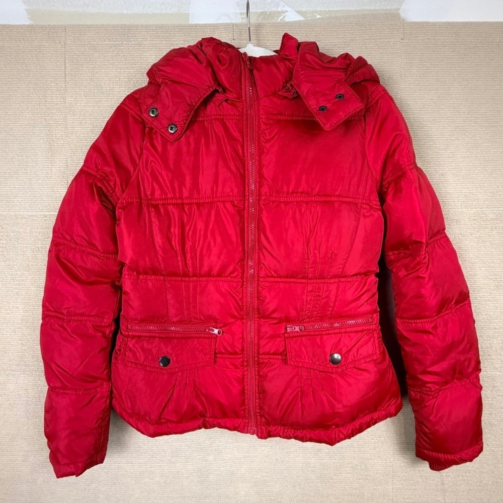 Zara TRF Red Puffer Jacket Real Down Feather Hooded Quilted Winter Coat Women M